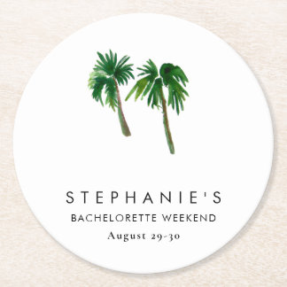 Posavasos Redondo De Papel Watercolor Palm Trepical Tropical Bachelorette