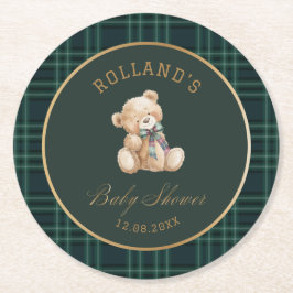 Posavasos Redondo De Papel  Watercolor preppy plaid teddy bear baby shower