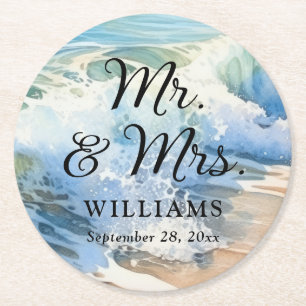 Posavasos Redondo De Papel Watercolor Rolling Sea Waves Sr. y Sra. Boda