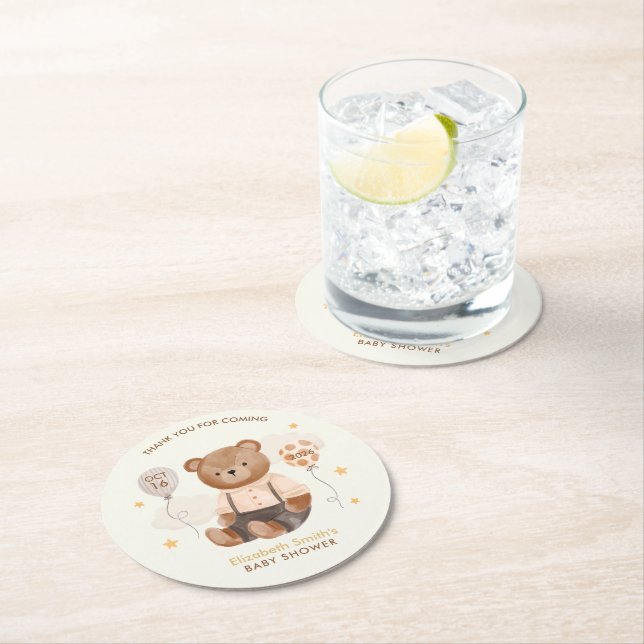 Posavasos Redondo De Papel Watercolor Teddy Bear Baby Shower (In situ)