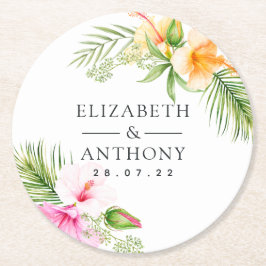 Posavasos Redondo De Papel Watercolor Tropical Floral Beach Wedding