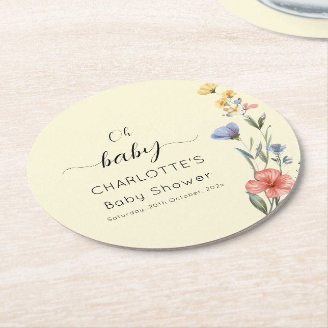 Posavasos Redondo De Papel Watercolor Wildflower Baby Shower (En perspectiva)