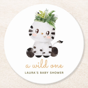 Posavasos Redondo De Papel Watercolor Zebra Safari Baby Shower