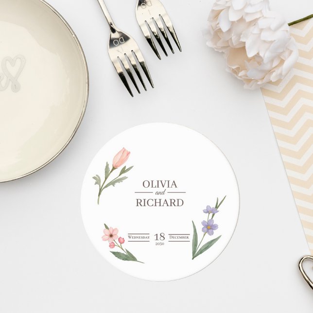 Posavasos Redondo De Papel Wedding Coaster with Romantic Botanical Design (Subido por el creador)