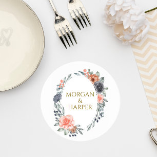 Posavasos Redondo De Papel Wedding Coaster with Soft Peach & Blue Flowers