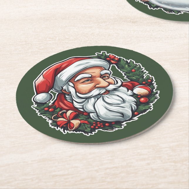 Posavasos Redondo De Papel Weihnachtsmannkopf mit Kranz - (En perspectiva)