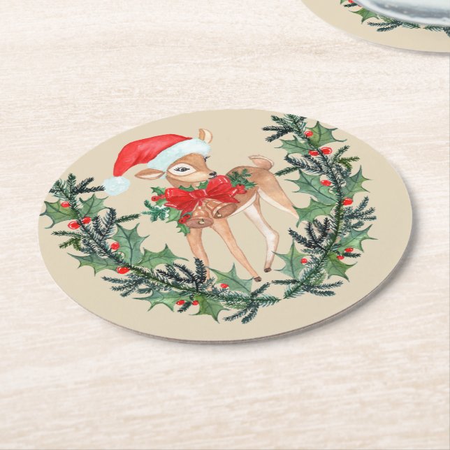 Posavasos Redondo De Papel Whimsical Fawn Wreath (En perspectiva)