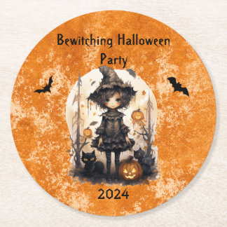 Posavasos Redondo De Papel Whimsical Halloween Witch y sus amigos felinos