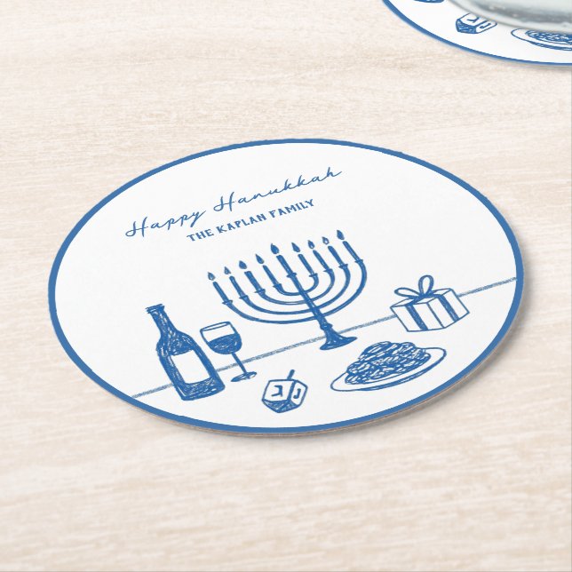 Posavasos Redondo De Papel Whimsical Hand Drawn Hanukkah Party Trendy Custom (En perspectiva)