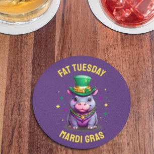 Posavasos Redondo De Papel Whimsical Mardi Gras Fat Tuesday Hippo Pegatina