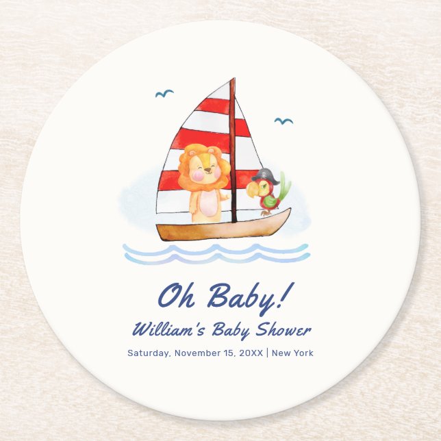 Posavasos Redondo De Papel Whimsical Nautical Wild Lion Sailboat Baby Shower (Anverso)