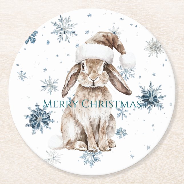 Posavasos Redondo De Papel White Blue Snowflakes Christmas Bunny (Anverso)