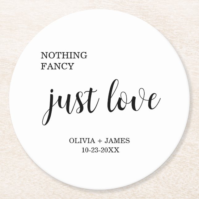 Posavasos Redondo De Papel White Nothing Fancy Just Love Wedding   (Anverso)