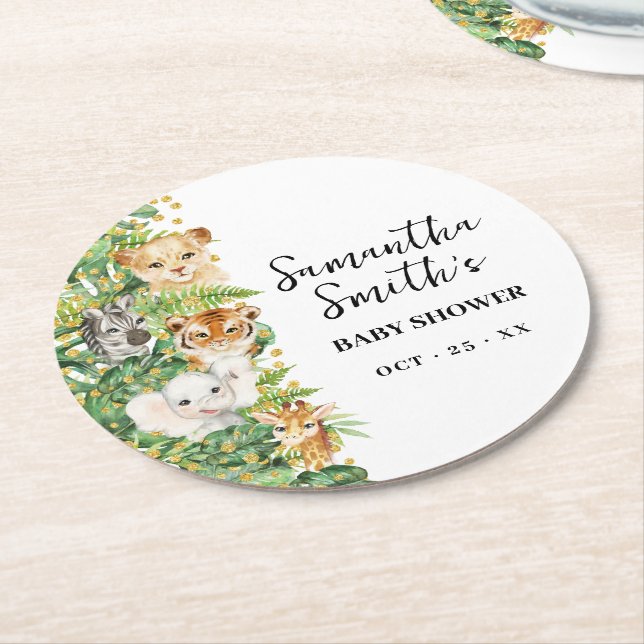 Posavasos Redondo De Papel Wild One Animal Safari Baby Shower (En perspectiva)