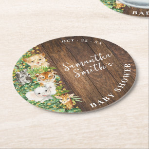 Posavasos Redondo De Papel Wild One Animals Rustic Safari Baby Shower
