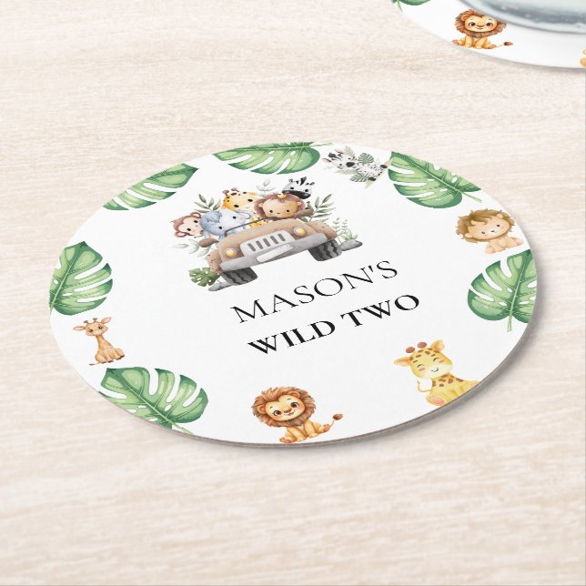 Posavasos Redondo De Papel Wild One Jungle Safari Birthday for Boys (En perspectiva)