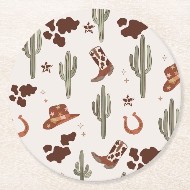 Posavasos Redondo De Papel Wild West Rodeo Cowboy Cactus cumpleaños (Anverso)