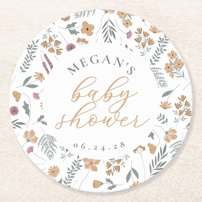 Posavasos Redondo De Papel Wildflower Baby Shower Coasters - Orange (Anverso)