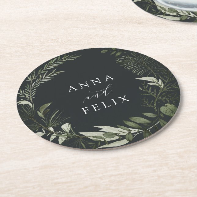 Posavasos Redondo De Papel Winter Meadow Green Botanalized Boda (En perspectiva)
