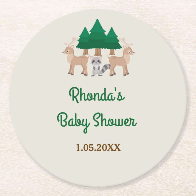 Posavasos Redondo De Papel Woodland Baby Shower (Anverso)