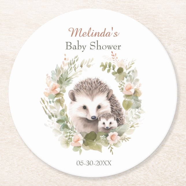 Posavasos Redondo De Papel Woodland Baby Shower con Cute Hedgehog (Anverso)