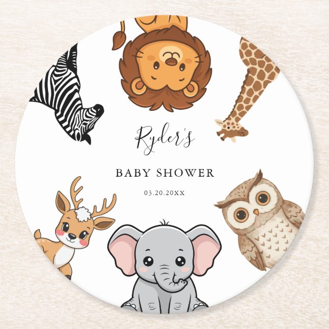 Posavasos Redondo De Papel Woodland Forest Animals Baby Shower (Anverso)