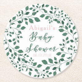 Posavasos Redondo De Papel Wreath de hojas verdes | Baby Shower personalizado