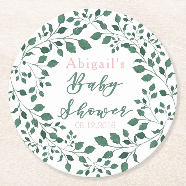 Posavasos Redondo De Papel Wreath de hojas verdes | Baby Shower personalizado (Anverso)