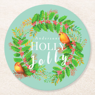 Posavasos Redondo De Papel Wreath Holly Jolly Family Light Verde azulado