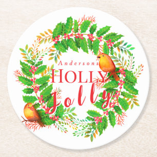 Posavasos Redondo De Papel Wreath Holly Jolly Family White