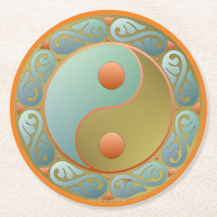 Posavasos Redondo De Papel Yin Yang Medallion Gold Turquoise