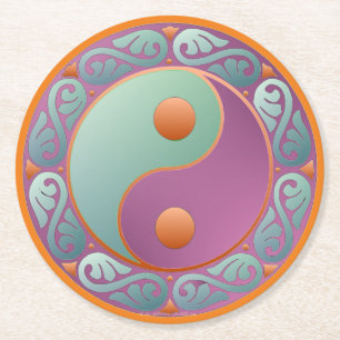 Posavasos Redondo De Papel Yin Yang Medallion Violet Turquoise