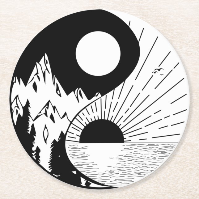 Posavasos Redondo De Papel Zen Yin Yang Blanco negro (Anverso)