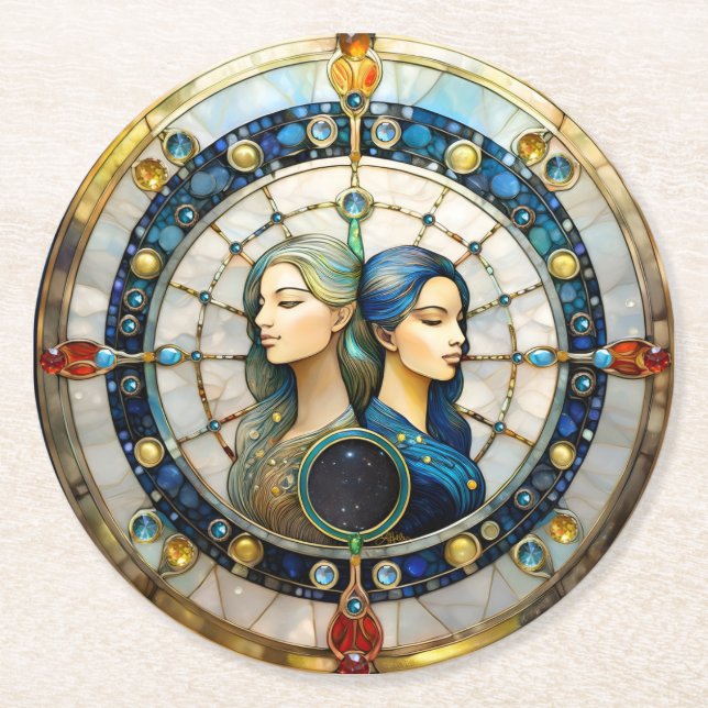 Posavasos Redondo De Papel Zodiac - Gemini Los Gemelos (Anverso)