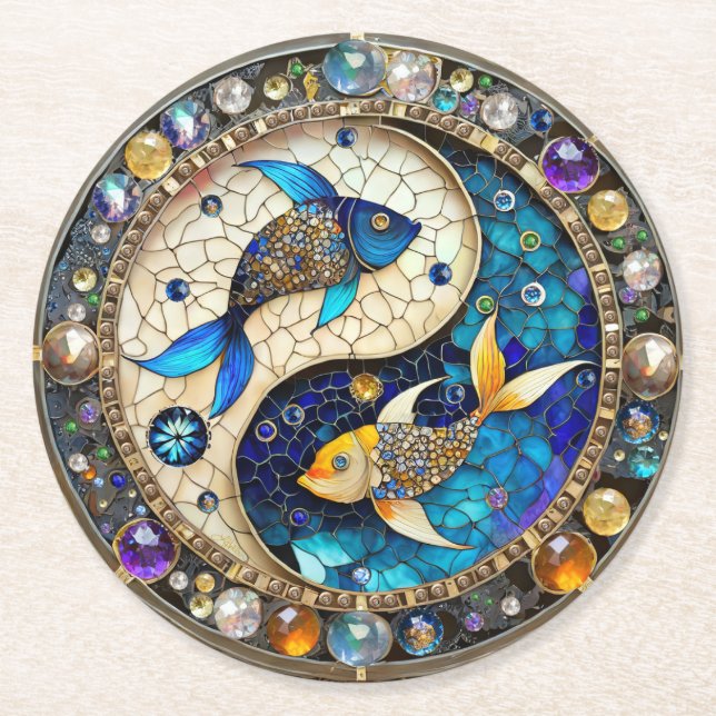 Posavasos Redondo De Papel Zodiac - Pisces Fish Yin y Yang (Anverso)