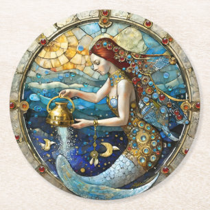 Posavasos Redondo De Papel Zodíaco - Acuario La Portadora de Agua Sirena