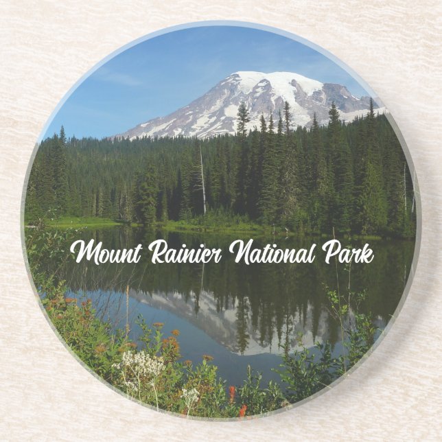 Posavasos Reflejo del lago del Monte Rainier con flores silv (Frente)