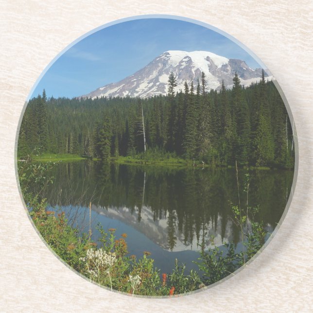 Posavasos Reflejo del lago del Monte Rainier con flores silv (Frente)