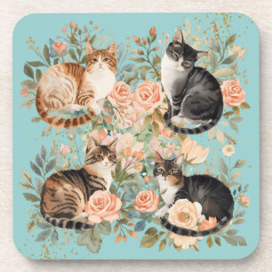 Posavasos Regalo para amantes de gatos con estilo botánico v