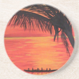 Posavasos Remeros de canoa en puesta de sol naranja sobre pi