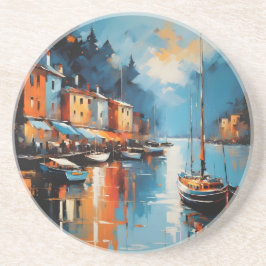 Posavasos Resumen del puerto impresionista al atardecer