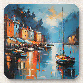 Posavasos Resumen del puerto impresionista al atardecer