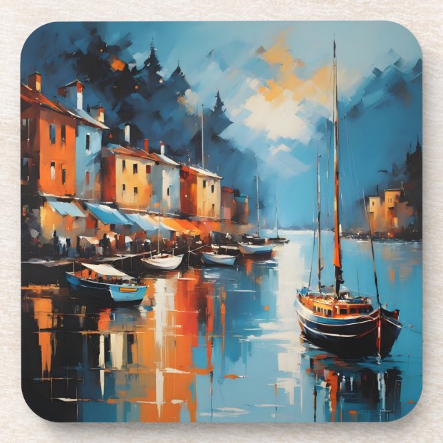 Posavasos Resumen del puerto impresionista al atardecer (Frente)