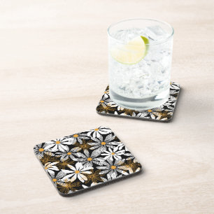 Posavasos Resumen elegante de floral de margarita negro, bla