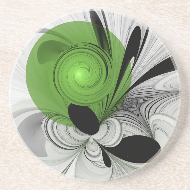 Posavasos Resumen en blanco y negro con arte fractal verde (Frente)