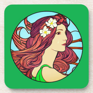 Posavasos Retrato Art Nouveau de una mujer en verde esmerald
