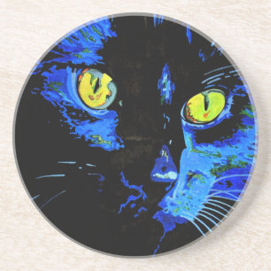 Posavasos Retrato artístico de gato negro con E amarillo lla