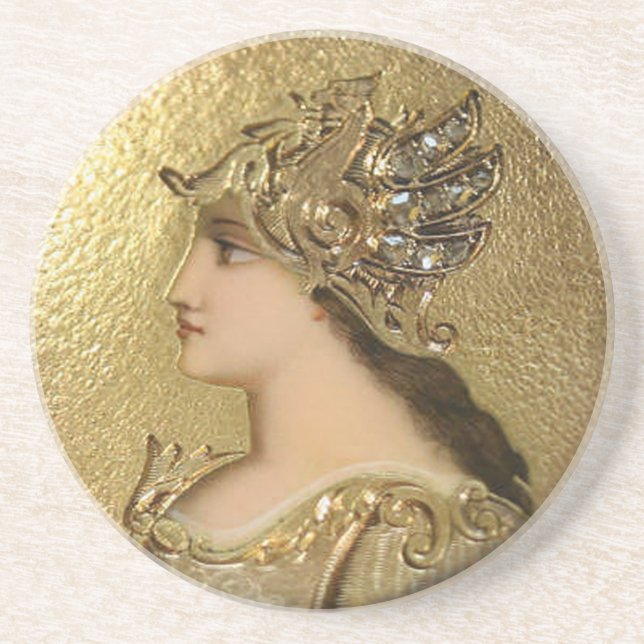POSAVASOS RETRATO DE ATENA CON HELMET Y GRIFFINES DE ORO (Frente)