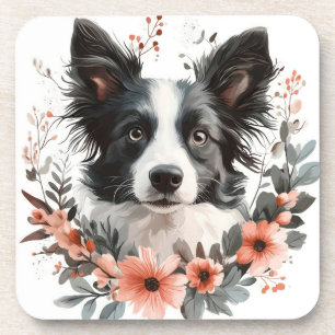 Posavasos Retrato de Border Collie con Marco Floral