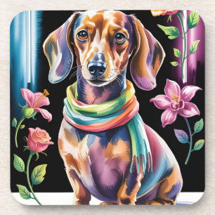 Posavasos Retrato de Dachshund en luz de neón y marco floral